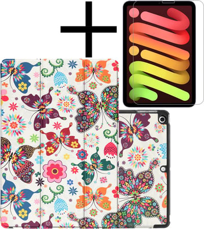 Hoes - Geschikt voor Apple iPad Mini 6 (2021) - 8.3 inch - 6e Generatie - Met Screenprotector - Trifold Bookcase - Hard Cover - Hardcover Book Case - Tablet Hoesje - Vlinders