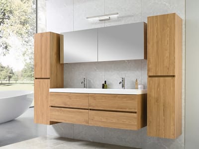 Badkamermeubel 2 persoons 145 cm - Hout decor - Complete set - 2 zijkasten - Incl. kranen en pop up drains