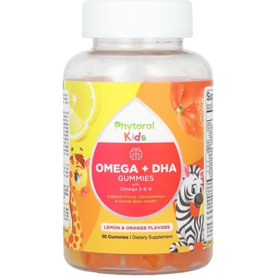 Phytoral, kindergummies, omega + DHA, met omega 3-6-9, citroen & sinaasappel, 60 gummies