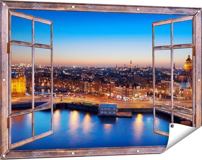 Gards Tuinposter Doorkijk Amsterdam Centrum in de Nacht - 120x80 cm - Tuindoek - Tuindecoratie - Wanddecoratie buiten - Tuinschilderij