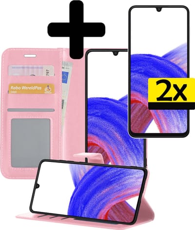 Hoesje - Met 2x Screenprotector - Geschikt voor Samsung Galaxy A33 - Luxe Pasjeshouder - Bookcase Portemonee - Flip Case - Kunstleer Book Case - Flipcase Hoes - Book Cover - Walletcase - Portemonneehoes - Telefoonhoesjes - Lichtroze