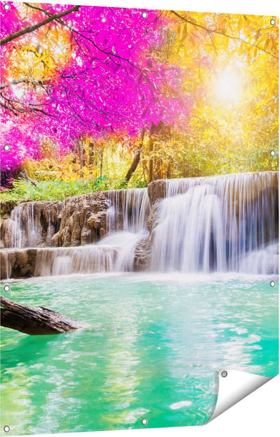 Gards Tuinposter Waterval met Groen Water en Roze Bladeren - 90x120 cm - Tuindoek - Tuindecoratie - Wanddecoratie buiten - Tuinschilderij