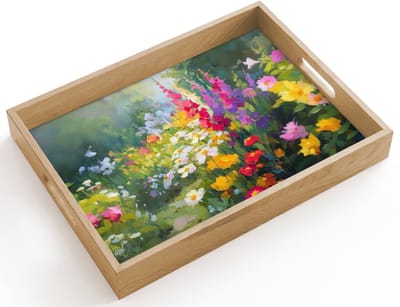 Dienblad hout 40x30 cm - Schootdienblad - Zomertuin - Sfeervol - Bloemen - Borrelplank rechthoek - Plateau dienbladen