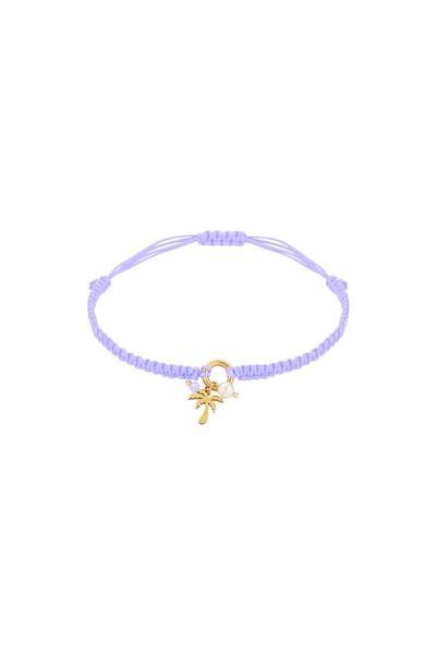 Palm Paradise Dames Armband - Verstelbaar Koord - Lila - Stainless Steel - Imitatie Parel - Kristal - Touw armband - Polyester armband - Enkelbandje - Charm sieraden - Ibiza - Boho - Cadeau - Festival