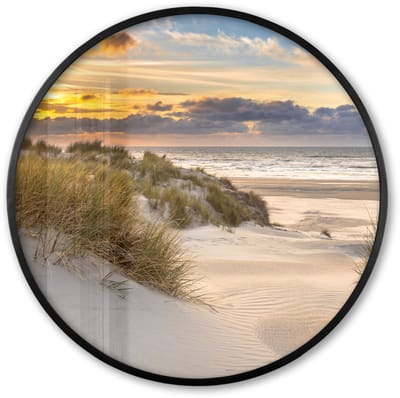 Poster in lijst Rond - Fotolijst 60x60 cm - Posters - Strand - Duin - Gras - Zonsondergang - Zee - Ronde posterlijst zwart - Decoratie - Wanddecoratie woonkamer - Muurdecoratie slaapkamer