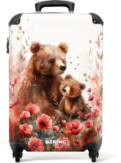 NoBoringSuitcases.com® - Kinderkoffer - Kindertrolley - Beren - Bloemen - Handbagage koffer lichtgewicht - Reiskoffer trolley - Rolkoffer met wieltjes - Past binnen 55x40x20 en 55x35x25