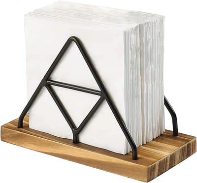 KZQ Houten servettenhouder - servettenhouder voor op het bureau - driehoekige tissuehouder - met zwart draadgaas - geschikt voor binnen- en buitengebruik, thuis, eetkamer en keuken - Bruin
