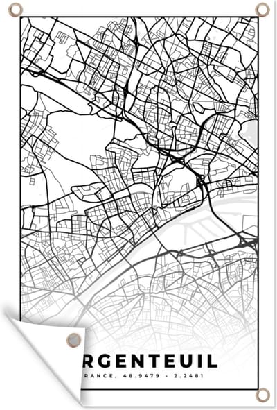 Muurdecoratie Stadskaart - Plattegrond - Argenteuil - Kaart - Frankrijk - Zwart wit - 120x180 cm - Tuinposter - Tuindoek