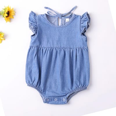 Combinaisons pour Bébés Filles Combinaison à Volants pour Tout-Petits Coton Denim Fermeture Éclair Sans Manches Combinaison d'Été Combinaison de Soleil Tenues Combinaison pour Nouveau-Né 12-18 Months bleu clair