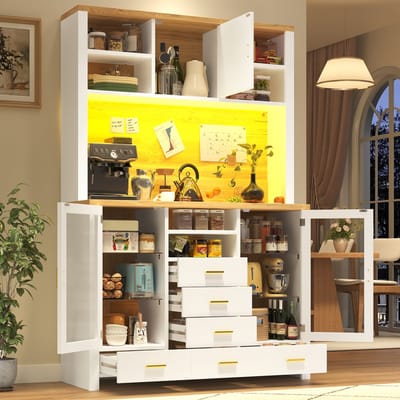 REDOM - Buffetkast - 4 deuren en 6 lades - LED-lichtstrip - Landelijke stijl - Eetkamer - MDF en glas - Wit met houtdecor - 120 x 40 x 180 cm