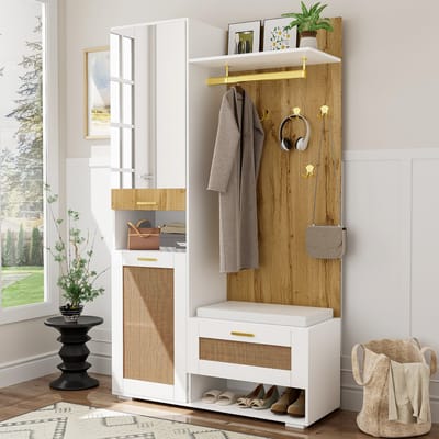 HAUSS SPOLE Garderobeset - Kleerkast Met Spiegel En 16-Kleurige LED - Rattan-Optiek Deuren Met Gouden Haken En Zitbank - 110x38x190 cm - Wit/Hout