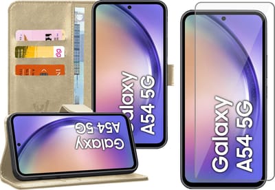 Hoesje geschikt voor Samsung Galaxy A54 - Screen Protector GlassGuard - Book Case Kunstleer Pasjeshouder Goud & Screenprotector