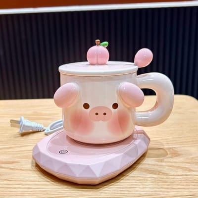 Leuke Varken Constante Temperatuur Verwarmende Beker Geschenkdoos met Mok Verjaardagscadeau voor Meisjes Praktisch Cadeau voor Beste Vriend Creatieve Beker 480ml beige