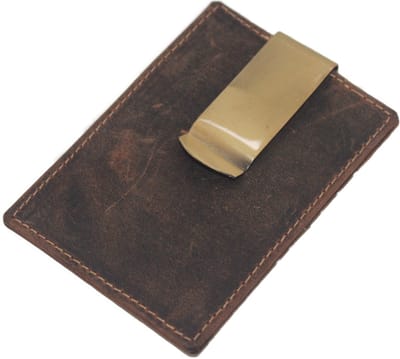 Oi Hunter bruine creditcardhouder met dollarclip aan de buitenkant / super compacte lederen pasjeshouder met geldklem / zeer plat hoesje voor pasjes met klem voor biljetten / bruin leer / 374H