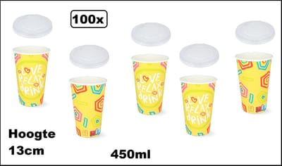 100x Milkshake beker Relax geel 450ml + 100x deksel - Karton - Drinken beker thema feest festival evenement fun diner milkshakebeker
