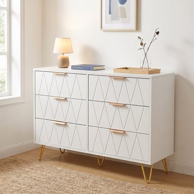Ladekast met 6 Lades - 100x34x72.5cm - Opbergkast met Kantelbeveiliging - Hout en Metaal - Modern Luxe - Wit