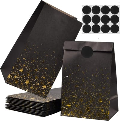 Dailygoods - Dokeno 12 zakjes van kraftpapier voor snoep, cadeauzakjes met stickers, geschenkverpakkingen, voor kinderverjaardag, bruiloft, feest (zwart)