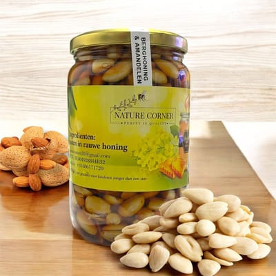 "Berghoning met Amandelen – Rauwe Natuurlijke Honing met Hele Amandelen – 450g | Miel de Montagne aux Amandes | عسل جبلي مع اللوز"