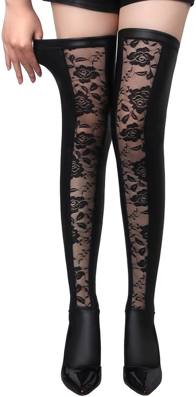 Zeloria Wetlook / PU leer Kousen met Kant – Zwart – Thigh High Kousen met Transparant Bloemenpatroon – XS-M
