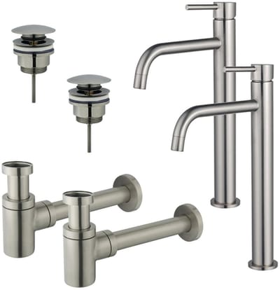 FugaFlow Eccelente Sobrado Badkamer Slim Wastafelkraanset - voor dubbele wastafel - verhoogde wastafelkraan - klikwaste plug - verlaagde design sifon - PVD Geborsteld RVS