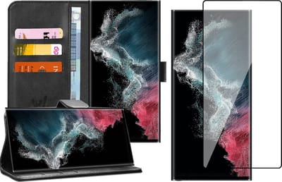 Hoesje geschikt voor Samsung Galaxy S22 Ultra - Book Case Kunstleer Wallet Cover Portemonnee Pasjeshouder Hoes Zwart - PET Glasfolie Screenprotector