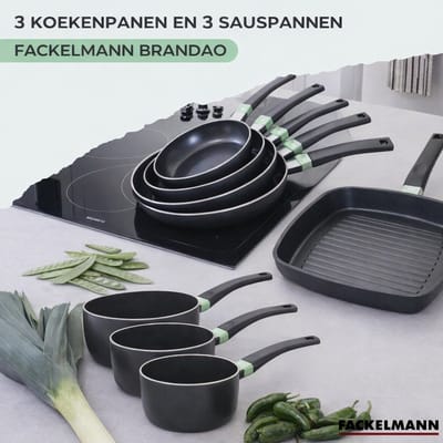 Set van 3 pannen van 20, 24 en 28 cm en 3 steelpannen van 16, 18 en 20 cm Fackelmann Brandao