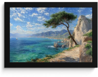 Poster in lijst - Fotolijst 30x20 cm - Posters - Rotsen - Kustlijn - Boom - Bergen - Posterlijst zwart - Decoratie - Wanddecoratie woonkamer - Muurdecoratie slaapkamer