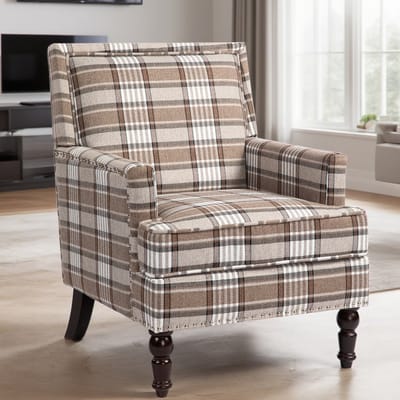 Fauteuil - vintage fauteuil met siernagels - bruin witte linnen accent stoel - gestoffeerde stoel-klassiek gestreept - 69x69x89 cm- Zitmeubel - Woonkamer Bruin/Wit