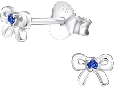 Joy|S - Zilveren strikje oorbellen - 5 x 3.5 mm - massief sterling zilver 925 - zirkonia saffier blauw - geboorte steen september - oorknopjes - kinderoorbellen
