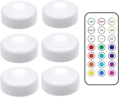 TopHomer Puck Light met Afstandsbediening en Timer, 6x LED, Wit, Kunststof, 13 Kleuren + 2 Modi, 40 Lumen, 4000K, IP42, 0.4W, 3V, 100mA, 6x6x2.5cm, Batterij (3x AAA), Decoratie, Binnenverlichting