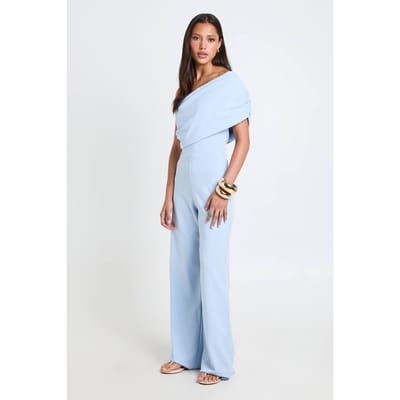 boohoo Dames Jersey Crepe Bardot Wijdpijper Jumpsuit | Pastelblauw | Maat: 44