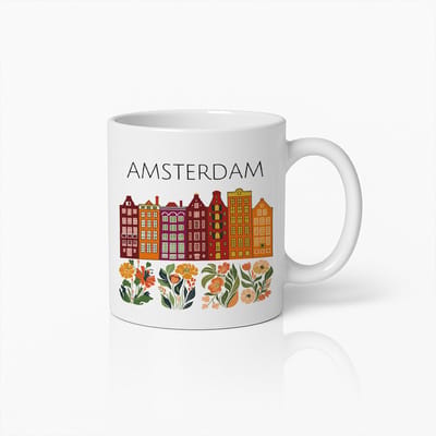 Amsterdam Stad Mok – Kleurrijke Grachtenpanden en Tulpen Ontwerp Souvenirmok