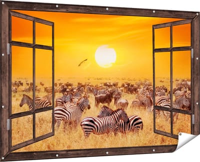 Gards Tuinposter Doorkijk Kudde Zebra's bij een Oranje Zonsondergang - 180x120 cm - Tuindoek - Tuindecoratie - Wanddecoratie buiten - Tuinschilderij