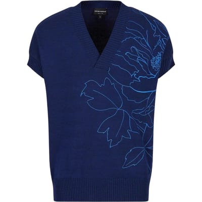 Emporio Armani Heren Bloemen V-Hals Sweater Vest (Blauw)