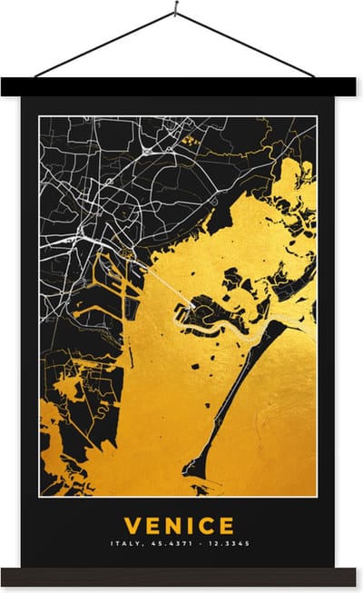 Posterhanger incl. Poster 40x60 cm - Schoolplaat - Kaart - Venetië - Goud - Plattegrond - Stadskaart - Textielposter - Zwarte latten - Stadskaart