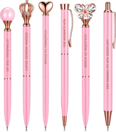 Set van 6 Inspirerende Balpennen voor Vrouwen met Metalen Pen, Aluminium, Roze Vlinder en Kristal Diamant Decoratie, Inclusief Trekkoord Tas