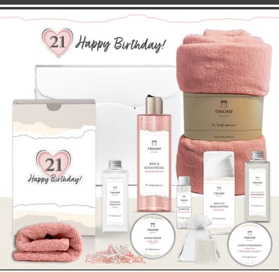 Geschenkset “21 Jaar, Happy Birthday!” - 10 producten - 900 gram | Luxe Cadeaubox voor haar - Wellness Pakket Vrouw - Giftset Vriendin - Cadeaupakket Eenentwintig Verjaardag - Gefeliciteerd Cadeau - Sweet Twenty one Party - Gift Set Fleece deken Roze