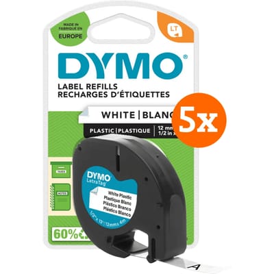 DYMO LetraTag 12mm x 4m Zwart Wit Labels 5-pack