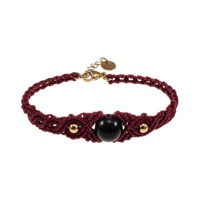 Bordeauxrood Micro-Macramé Armband met Obsidiaan Steen, Armband Dames, Verguld RVS - Verstelbaar 16 tot 18cm - Handgemaakt