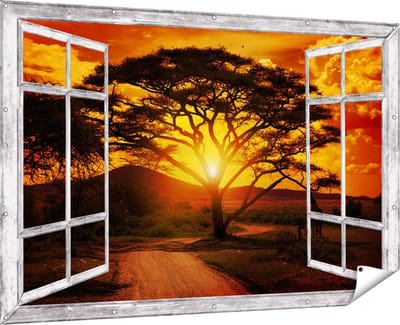 Gards Tuinposter Doorkijk Zonsondergang Achter een Savanne Boom - 180x120 cm - Tuindoek - Tuindecoratie - Wanddecoratie buiten - Tuinschilderij