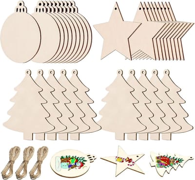 Houten Kerstdecoraties, 30 Stuks Lege Houten Hangers met Touw voor DIY Ambachten en Kerstboom Versiering