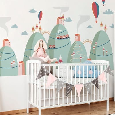 Scandinavische bergstickers met heteluchtballonnen in het landschap, 40 x 60 cm