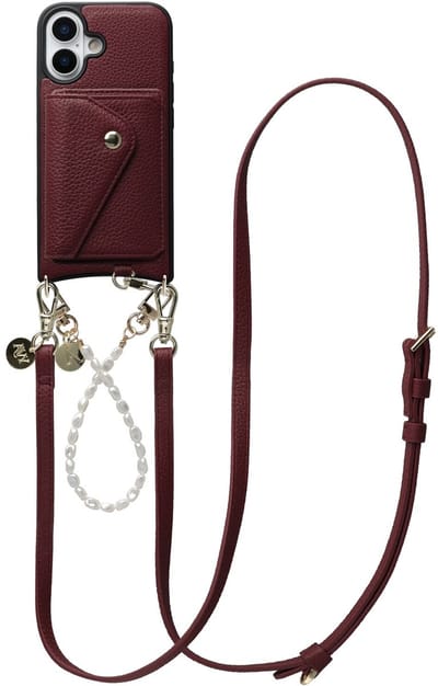 AVY Leren Hoesje geschikt voor Apple iPhone 17 | Met Koord en Magnetische Kaarthouder | Compatibel met MagSafe | Leather Case met 30CM & 130CM Koord & Wallet | Leather and Pearls | Burgundy