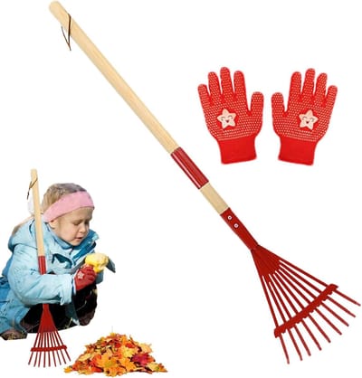 Kinderhark met handschoenen - Tuinhark kind - Buiten spelen tuin - Demontabele houten steel - 27 inch steel - Rood