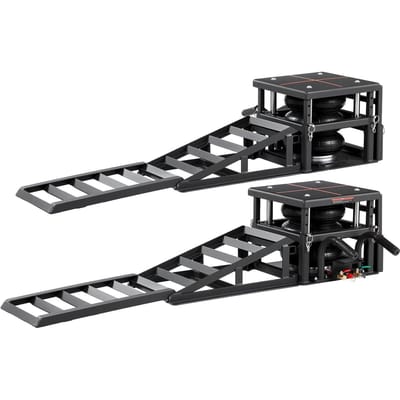 Lève-voiture pneumatique portable 2 pièces, capacité 5 tonnes, hauteur maximale 320 mm, vérins à rampe pneumatiques avec coussins d'air, cales de roue, rampes d'extension, colonnes rehaussées,