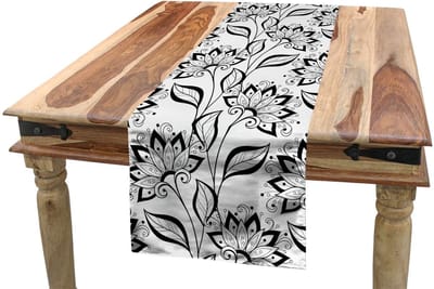 ABAKUHAUS zwart-wit tafelloper – 40 × 180 cm – bloemenpatroon