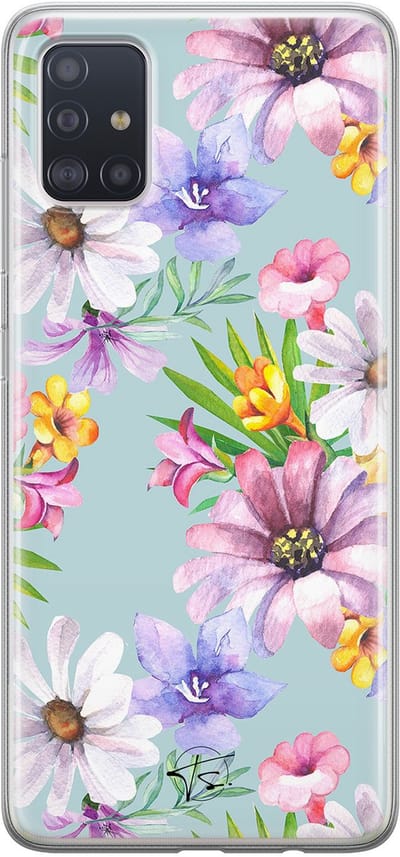 Hoesje geschikt voor Samsung Galaxy A51 - Mint bloemen - Soft Case - TPU - Bloemen - Blauw - Mooie Telefoonhoesjes