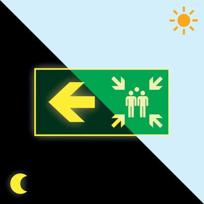 Extra lichtgevend verzamelplaats bord met pijl links 400 x 200 mm