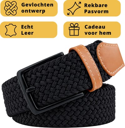 Garzini Elastische Riem Heren - Gevlochten Broekriem Heren zonder gaatjes - Broekriem zonder gaatjes - W31-W33 (91-99 cm) - Zwart