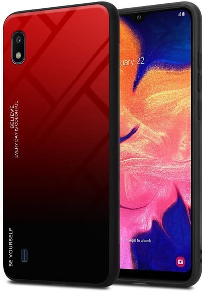 Cadorabo Hoesje geschikt voor Samsung Galaxy A10 / M10 in ROOD - ZWART - Tweekleurige beschermhoes van TPU-silicone Case Cover en achterzijde van gehard glas